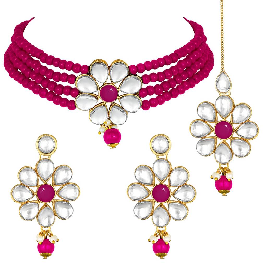 Gold Plated Kundan Faux Pearl Floral Choker Necklace Earrings With Maang Tikka Set Jewellery For Girls & Women ( : PF24N2875RP