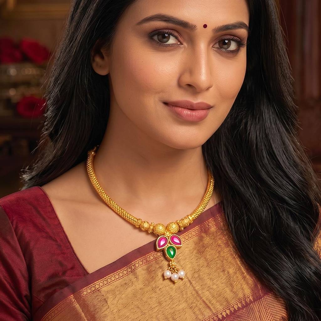 Gold Plated Ethnic Pink & Green Crystal Studded Necklace For Women | Festive Bridal Jewellery, Anniversary Birthd : PF04N24RPG