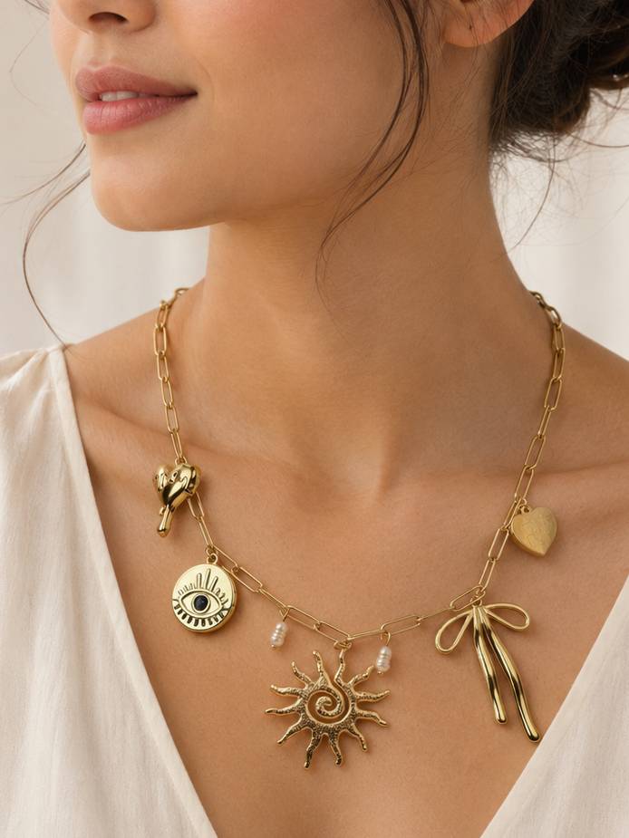 Gold Charm Necklace With Sun & Heart Pendants : AN-LJ-GO-0016-DN