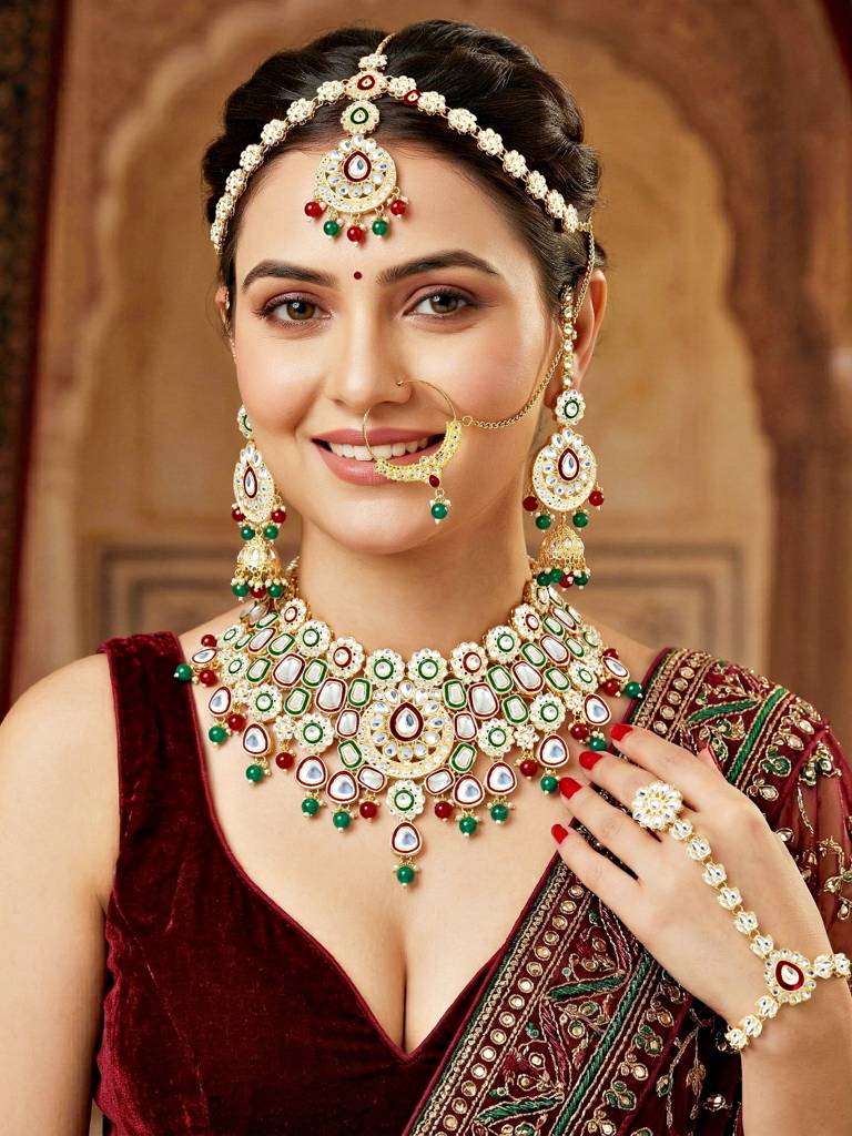 Bridal Kundan Jewellery Set With Hathphool & Nath : 2541-IZK-554-MG