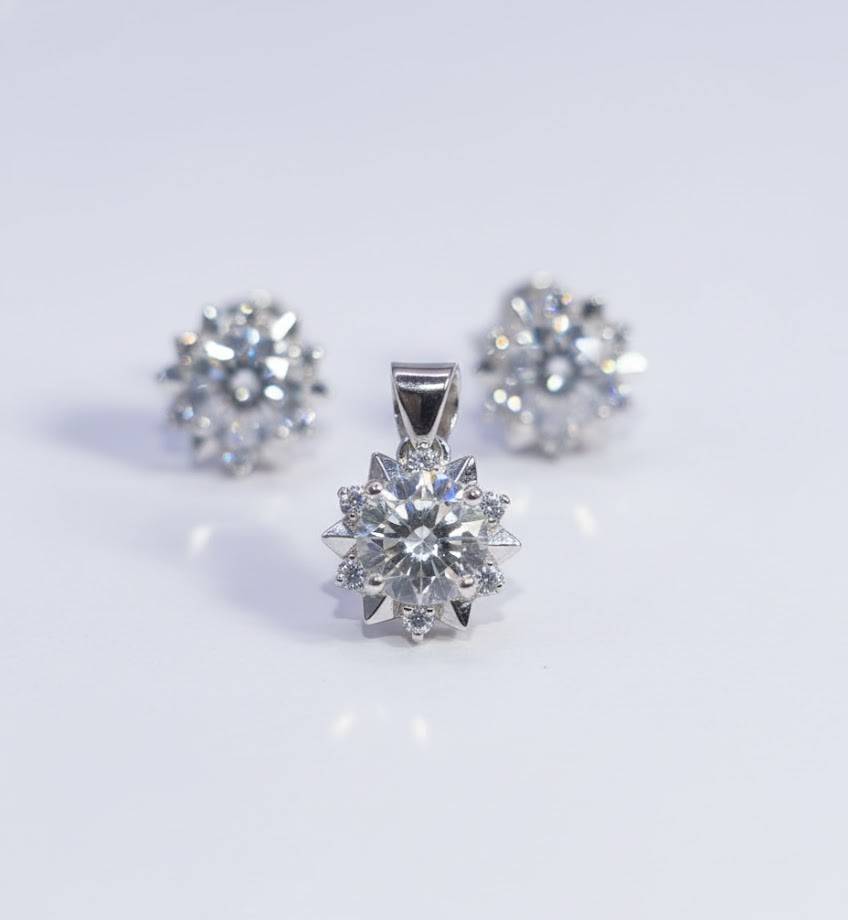 Silver  Celestial Star-Burst Pendant & Earring Set With Chain : SMK-PD-SET-006-CHN