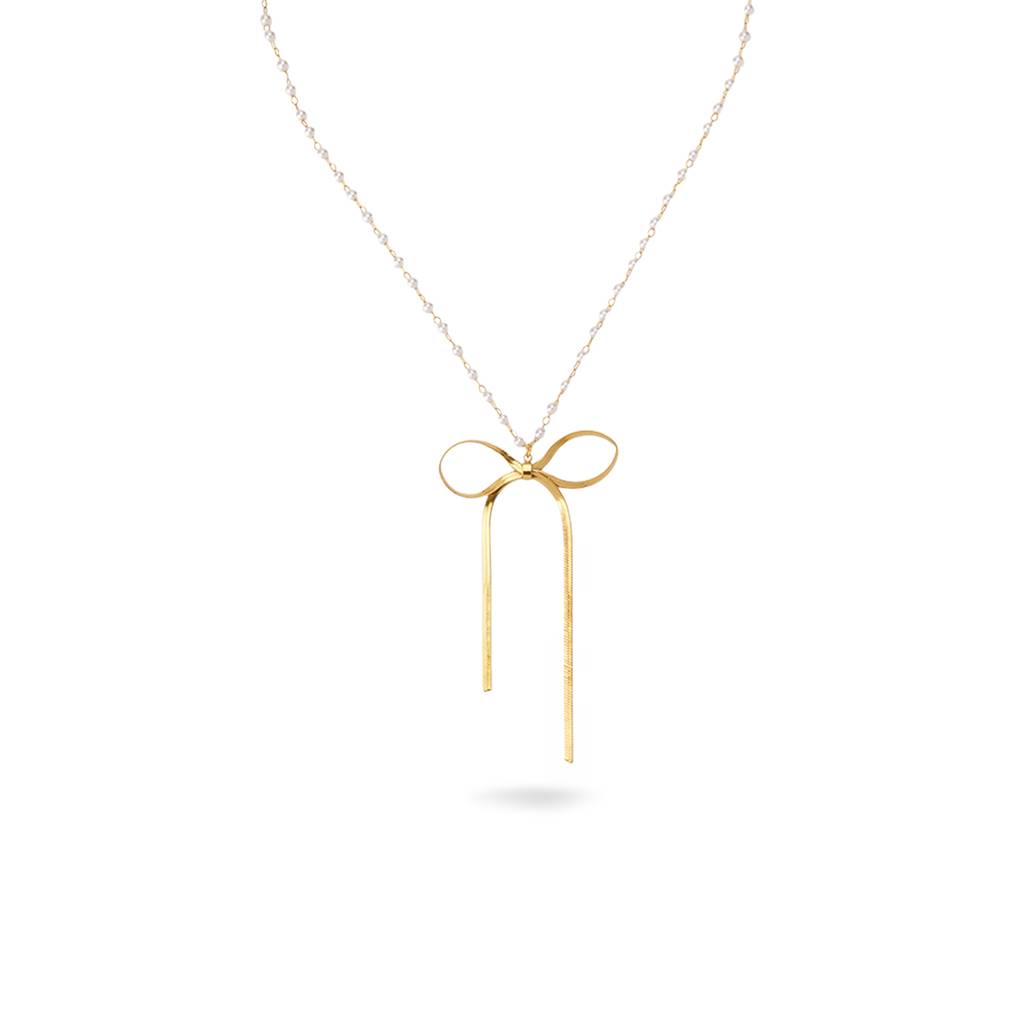 Glam Bow-Kissed Pearl Necklace For Women - Waterproof & Anti-Tarnish : NK0500