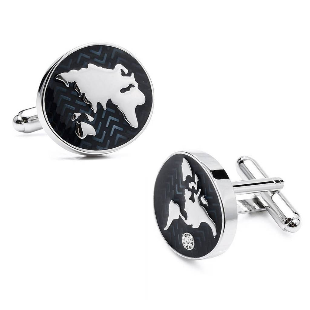 Silver Plated Stainless Steel World Map Design Round Cufflinks Classic Business Gift For Men : PX9CL151