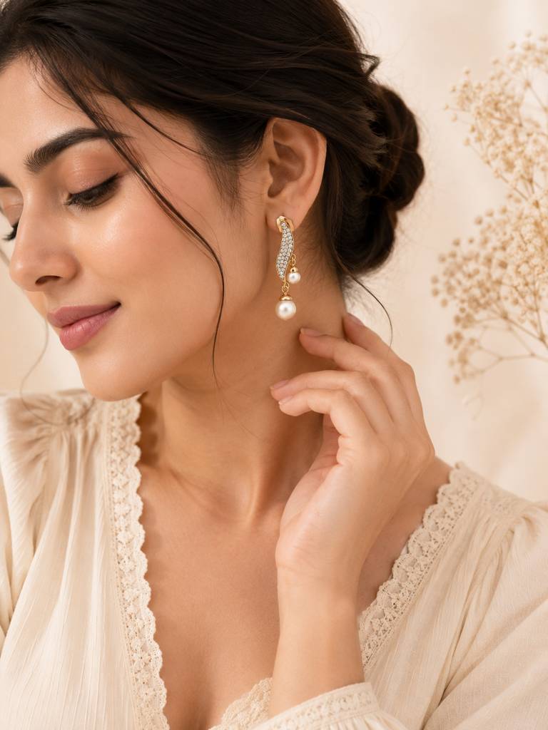 Curved Pearl Dangle Earrings With Cz Detail In 18K Gold Plating : AN-VM-GO-0149-DE