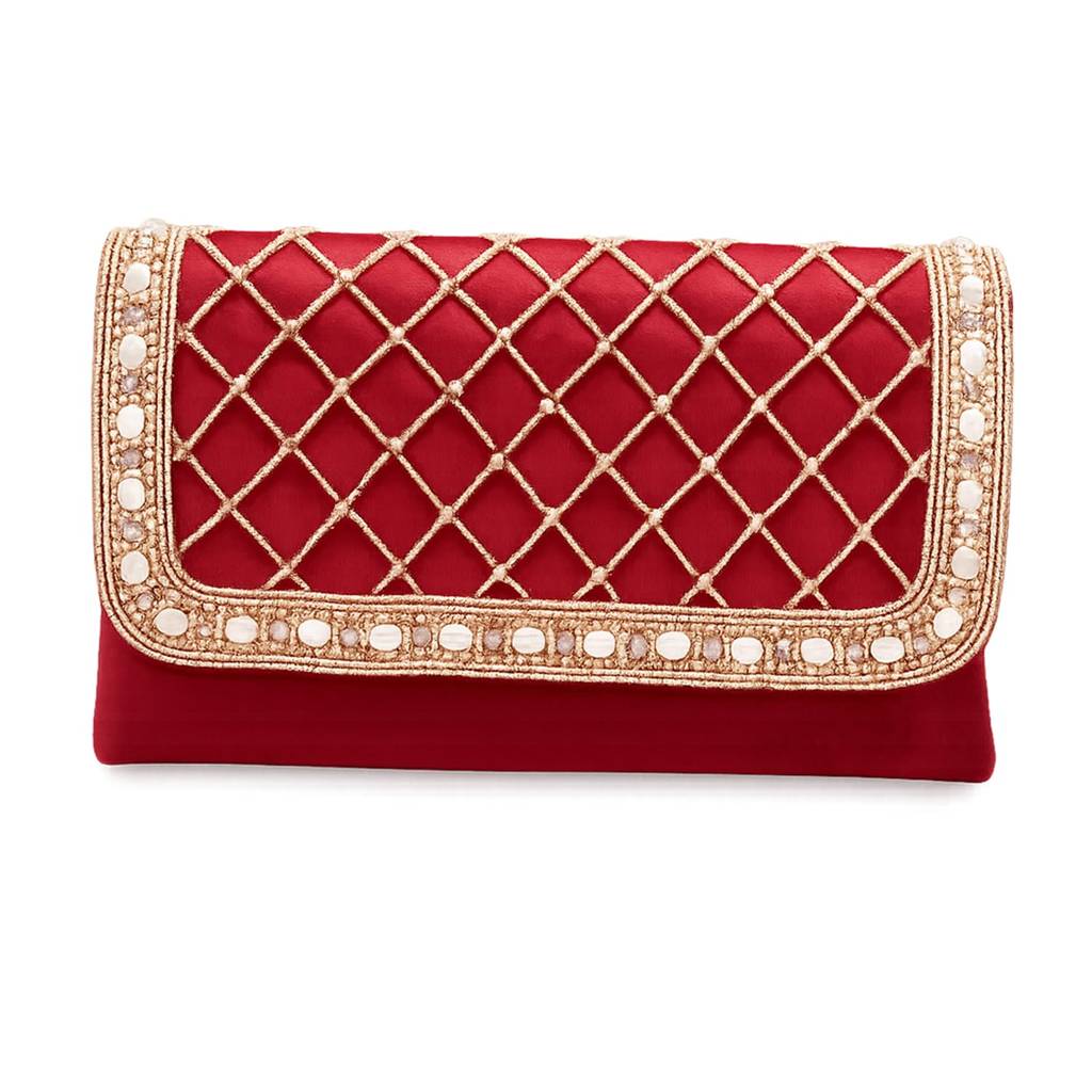 Quilted Pearl Embellished Clutch Bag For Women | Gold Beaded Strap | Wedding Festive Evening Purse : C189M