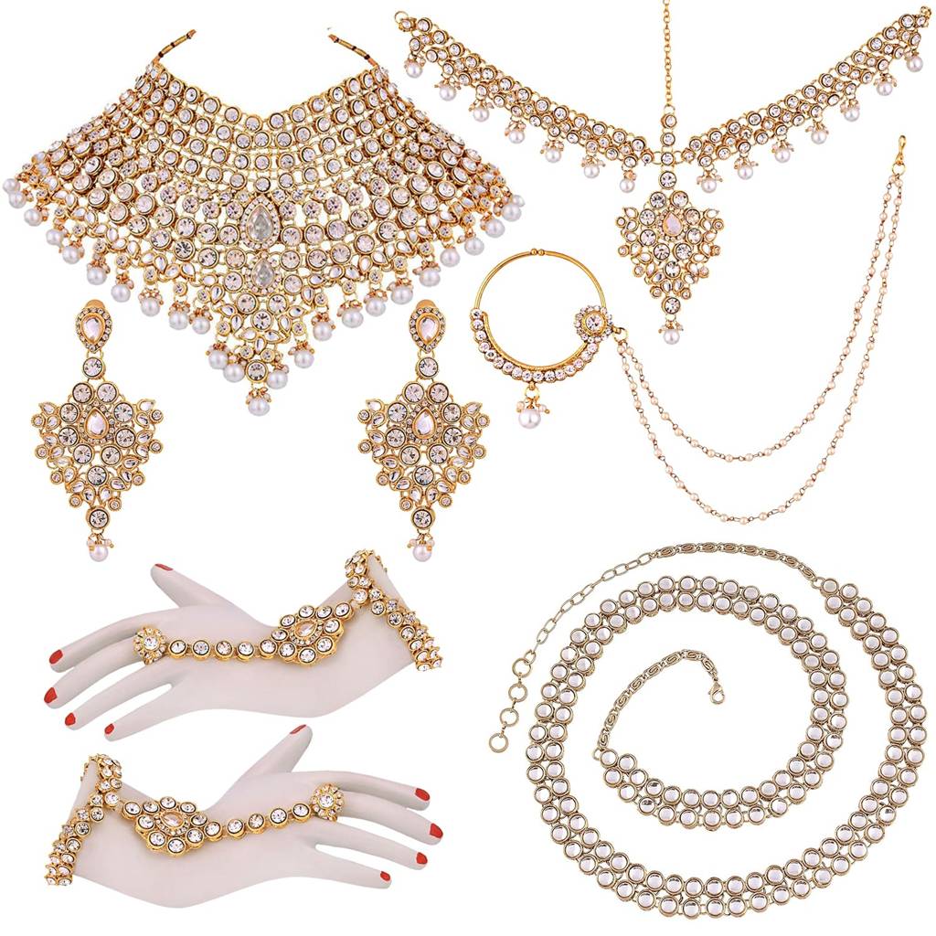 Combo Of Jodha Akbar Bridal Necklace Set With Adjustable Waist Belt Kamar Bandh Gift For Women : PF37BRBLP021W-PF37BCH016