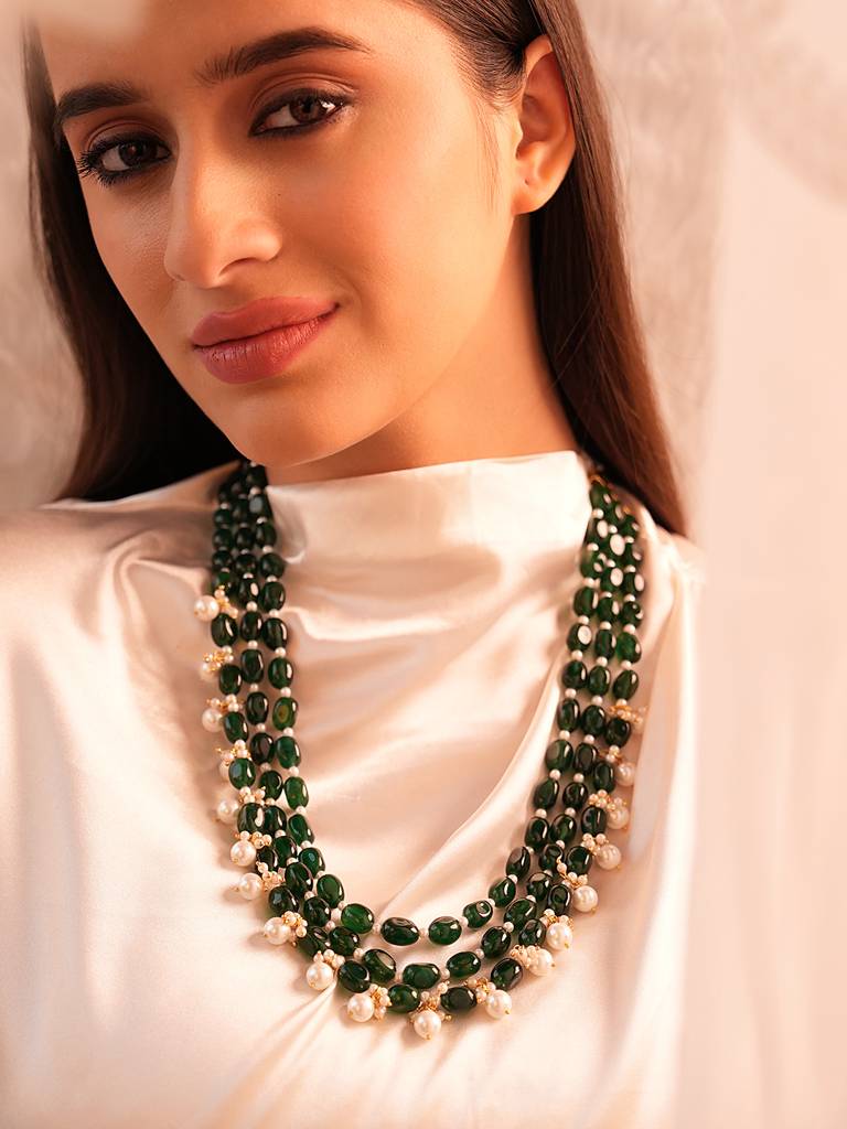 Divine Duldul Striking Deep Green Duldul And Pearl Necklace : 229NCK24RVJ