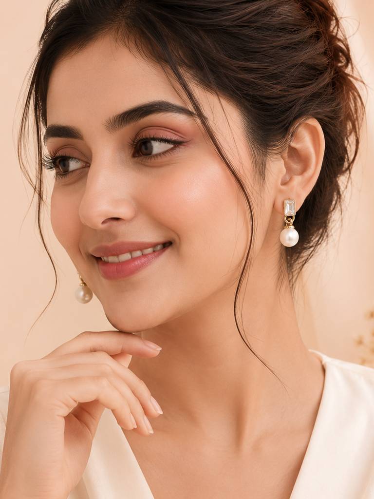 18K Gold-Plated Crystal Pearl Dangle Earrings : AN-VM-GO-0140-DE