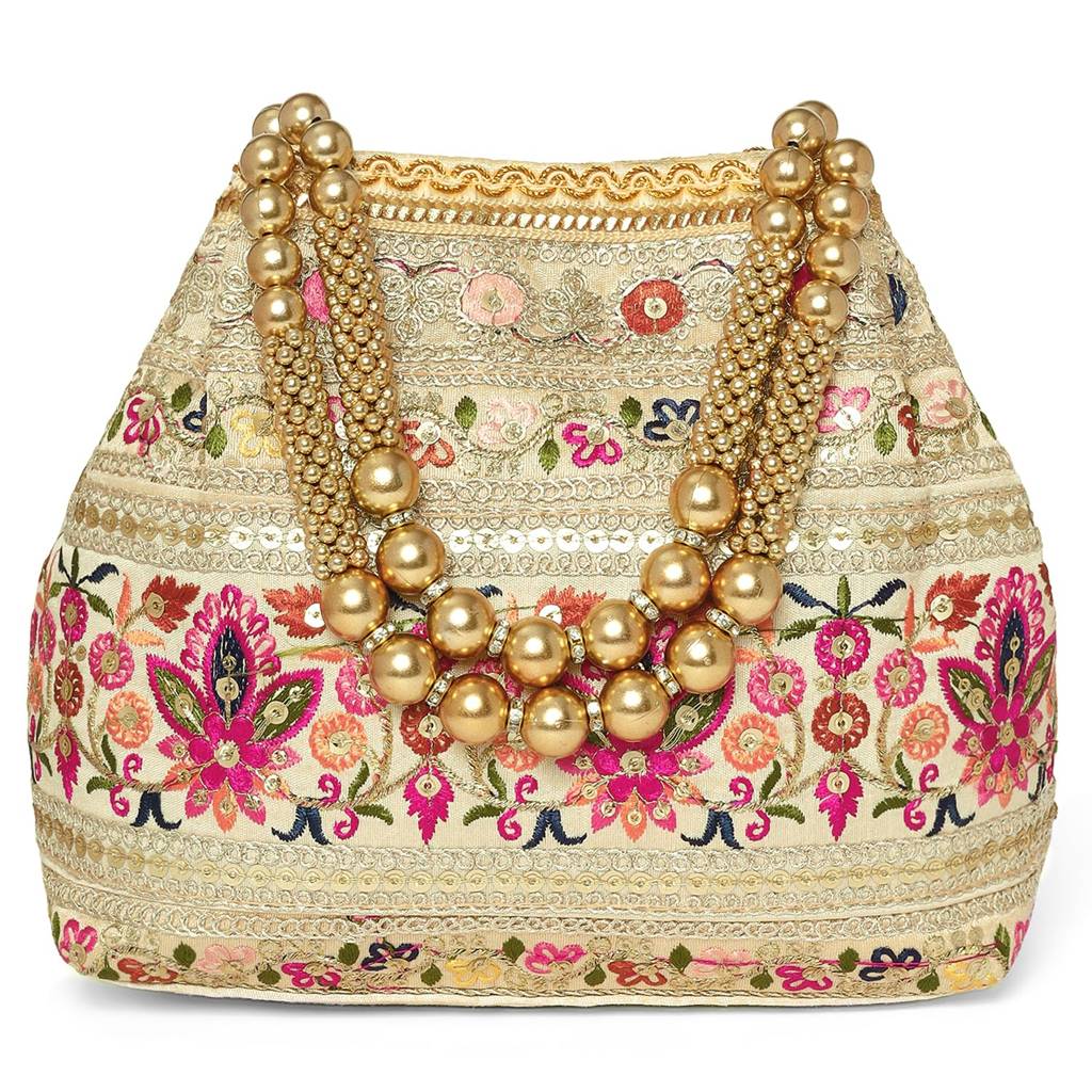 Cream Embroidery Polti Bag With Multicolor Floral Motive Handbag For Women & Girl : P208CRM-L