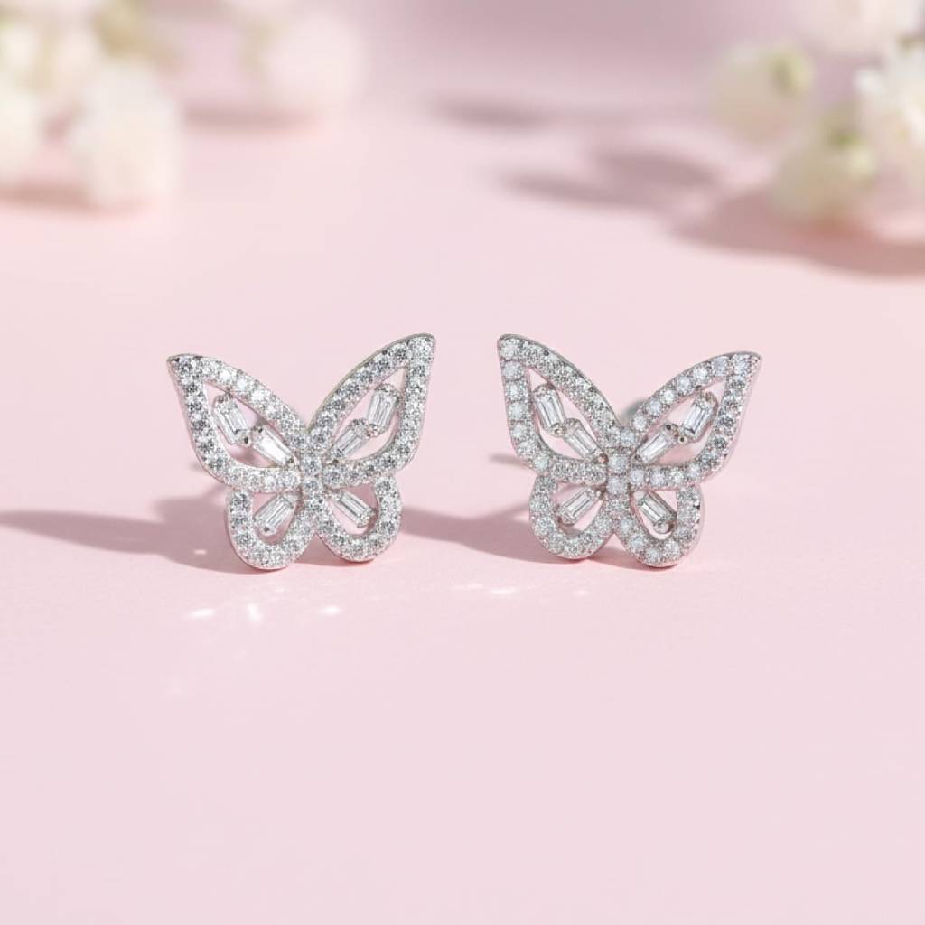 Butterfly Style Cz & Baguette Stone Stud Earrings Jewellery Gift For Women : PF68E337S