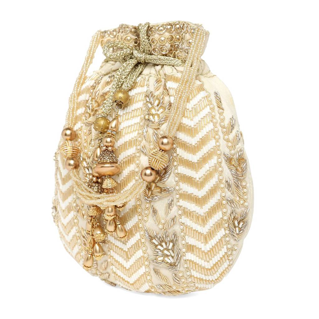 Potli Bag For Women Handmade Evening Wristlet Handbag Stylish Bridal Purse Fashion Bag For Girls (P128Crm) : P128CRM