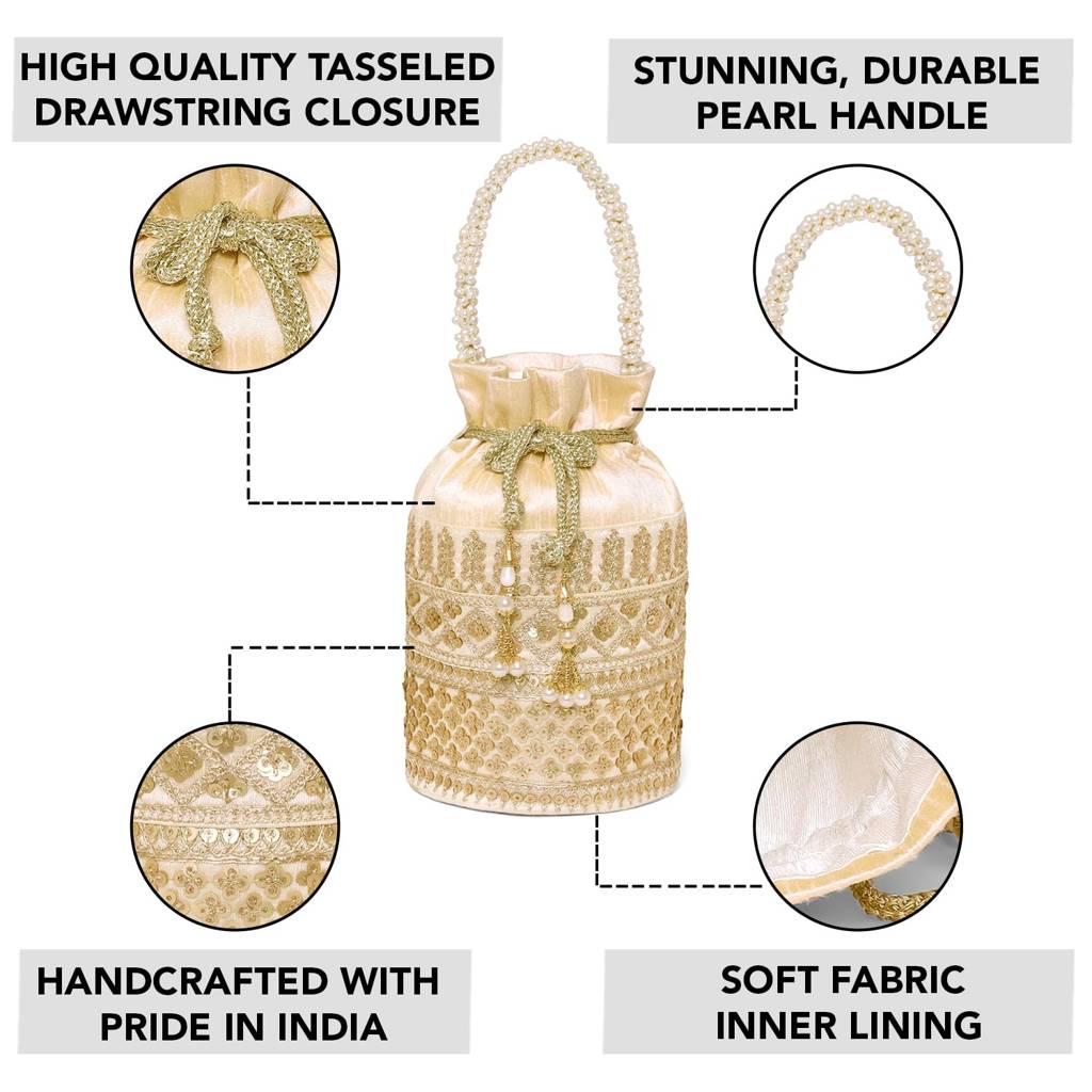 Zari Leaf Embellished Potli Bag For Women Fancy Ethnic Wristlet Purse Bag For Girls : P198G-F