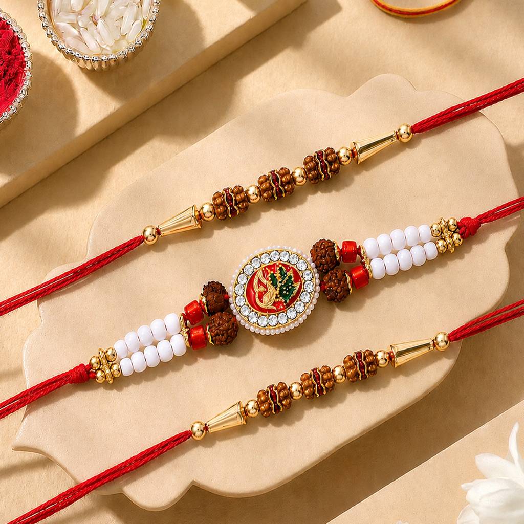 Eternz Certified Jewellery - Peora Rakhsha bandhan Thread Rakhi For Brother Bhaiya Rudraksha Crystal & Beads Studded Red White Pack Of 3 Rakhi Hamper Roli Chawal & Greeting Card (Free Size)