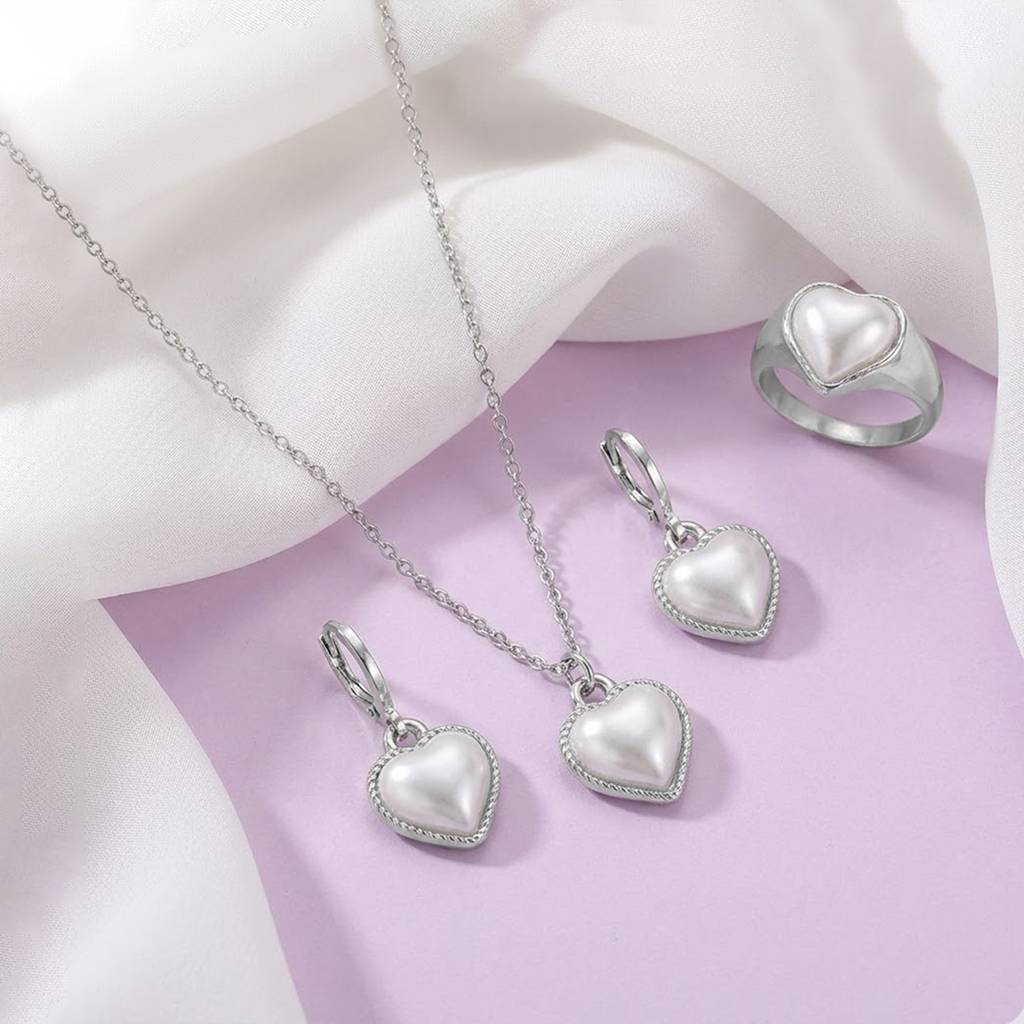 Pearl Studded Heart Shape Pendant Chain Earrings Ring Set Fashion Jewellery For Women & Girls : PX9PS60RW