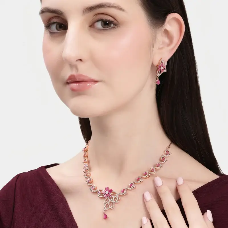 Cz Floral Statement Necklace Set | Grand Festive & Cocktail Jewellery : AD-937-RGRB-NKER
