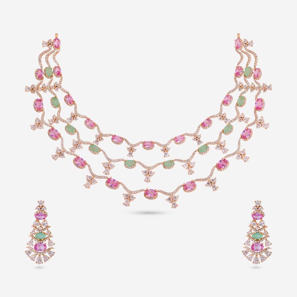 Pink-Mint Gld Ros Plated - Party Wear Zircon Necklace - 470870 : 470870