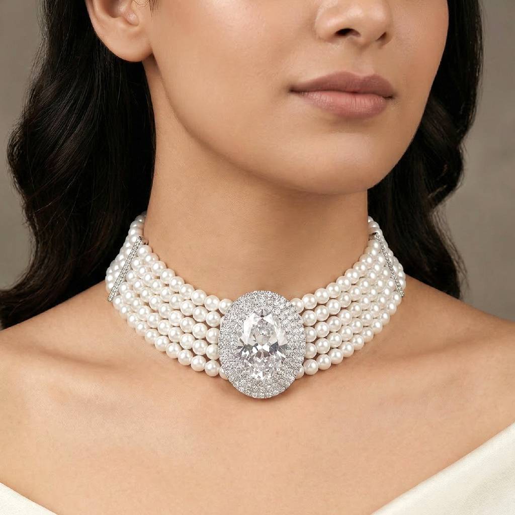 White Ethnic Choker Necklace For Women & Girls | Silver Plated | Crystals, Cubic Zirconia & Pearl Studded | Festive : PX9N219W