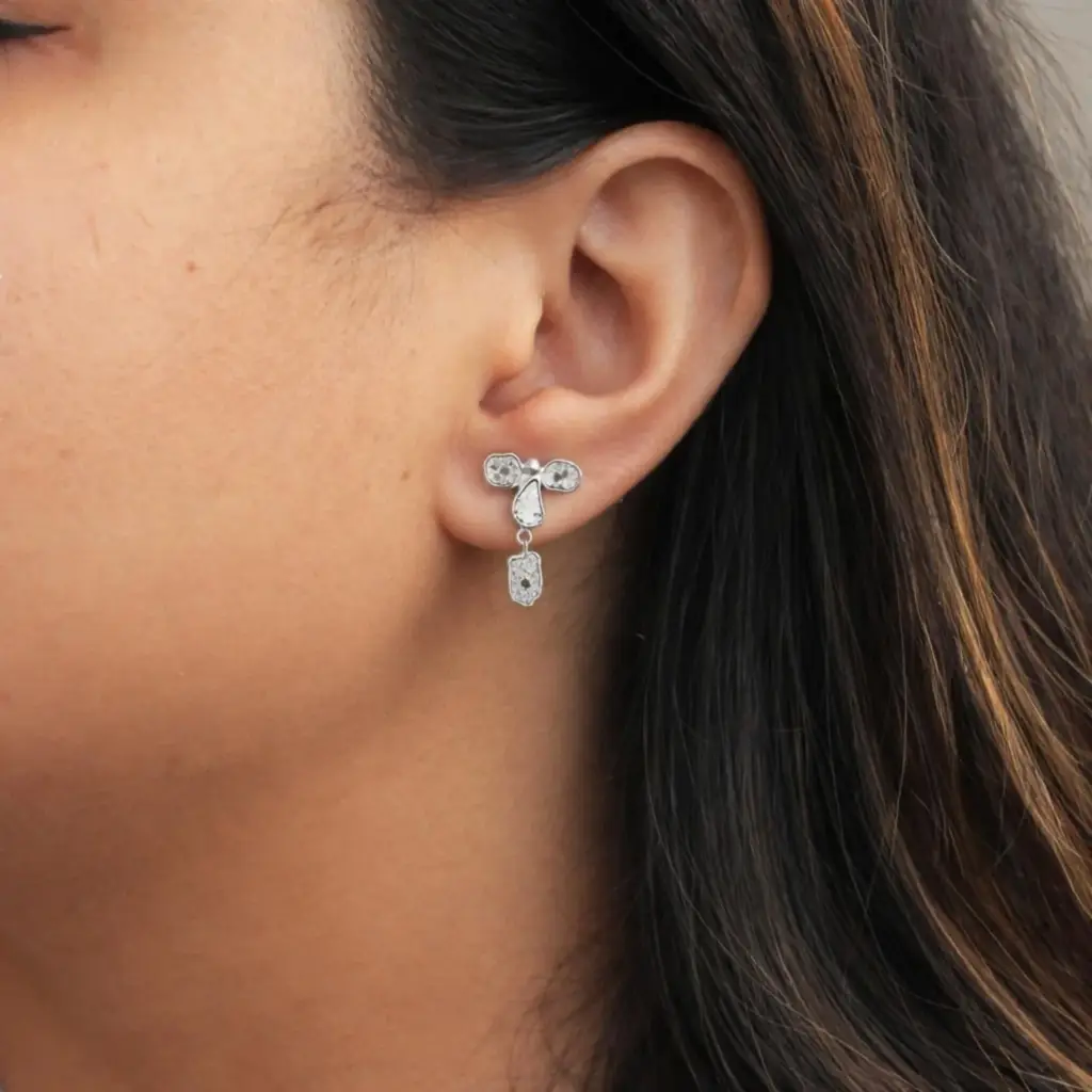 1.00 Ct Unshaped Polki Diamond Drop Earrings - 925 Sterling Silver : PLK-7