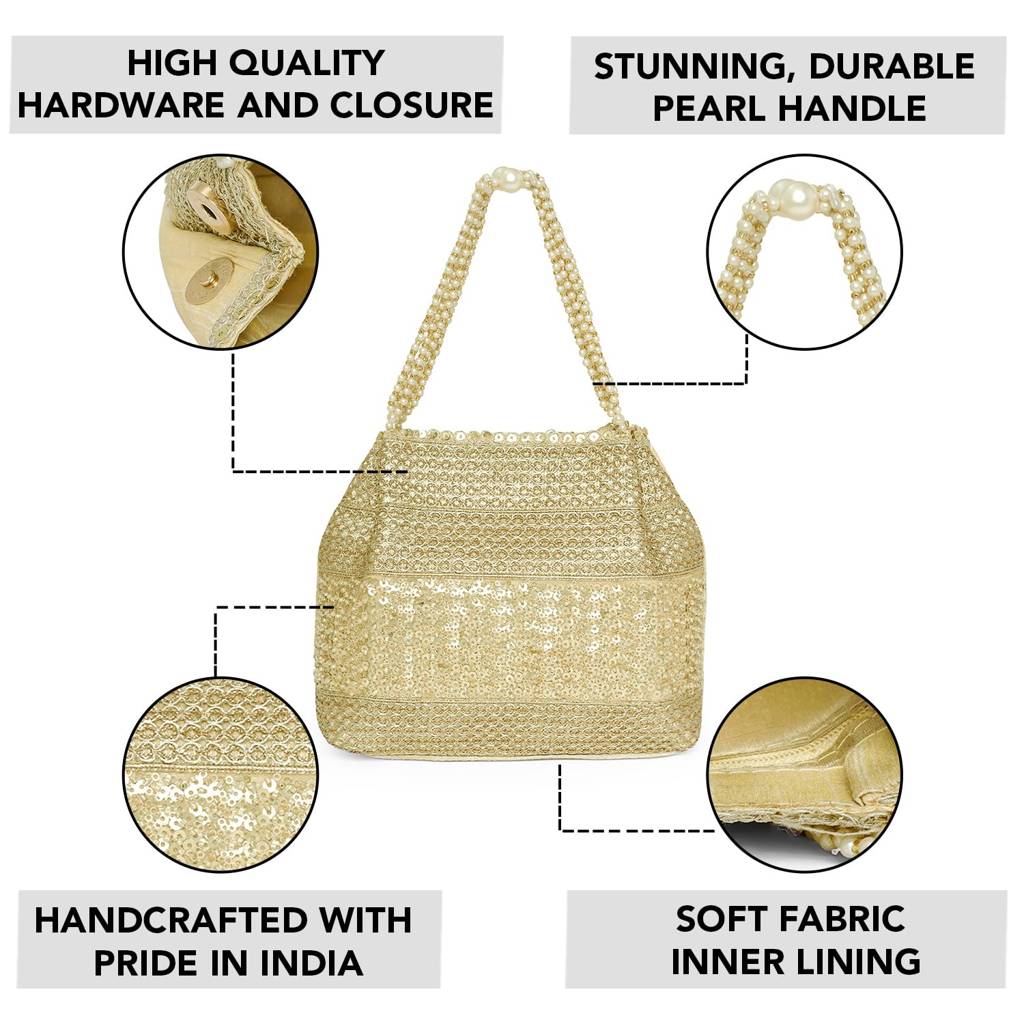 Golden Potli Zari Sequence  Purse For Women Handmade Handbag Wristlet Bridal Bag : P95G-F-1