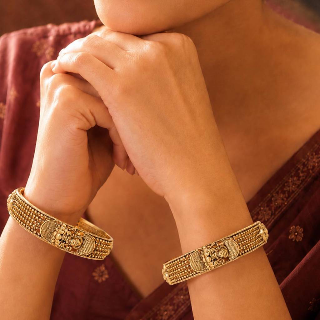Gold Plated Ethnic Metal Kangan Broad Bangle Set For Women | Size -2.4 Inch | Lakshmi Motif | Festive & Brida : PF109B06G-S2-4