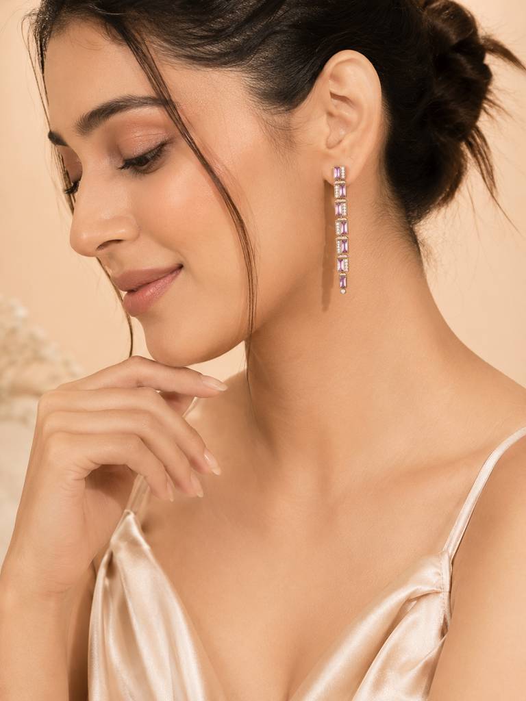 Lavender Crystal Long Drop Earrings : AN-LJ-PI-0087-DE