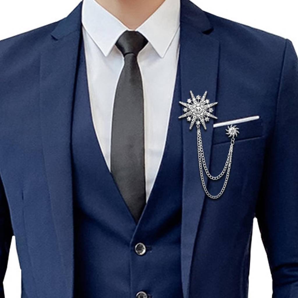 Silver Plated Cubic Zirconia Studded Star & Sunshine Double Chain Pin Brooch Jewellery For Men : PX9BH15S