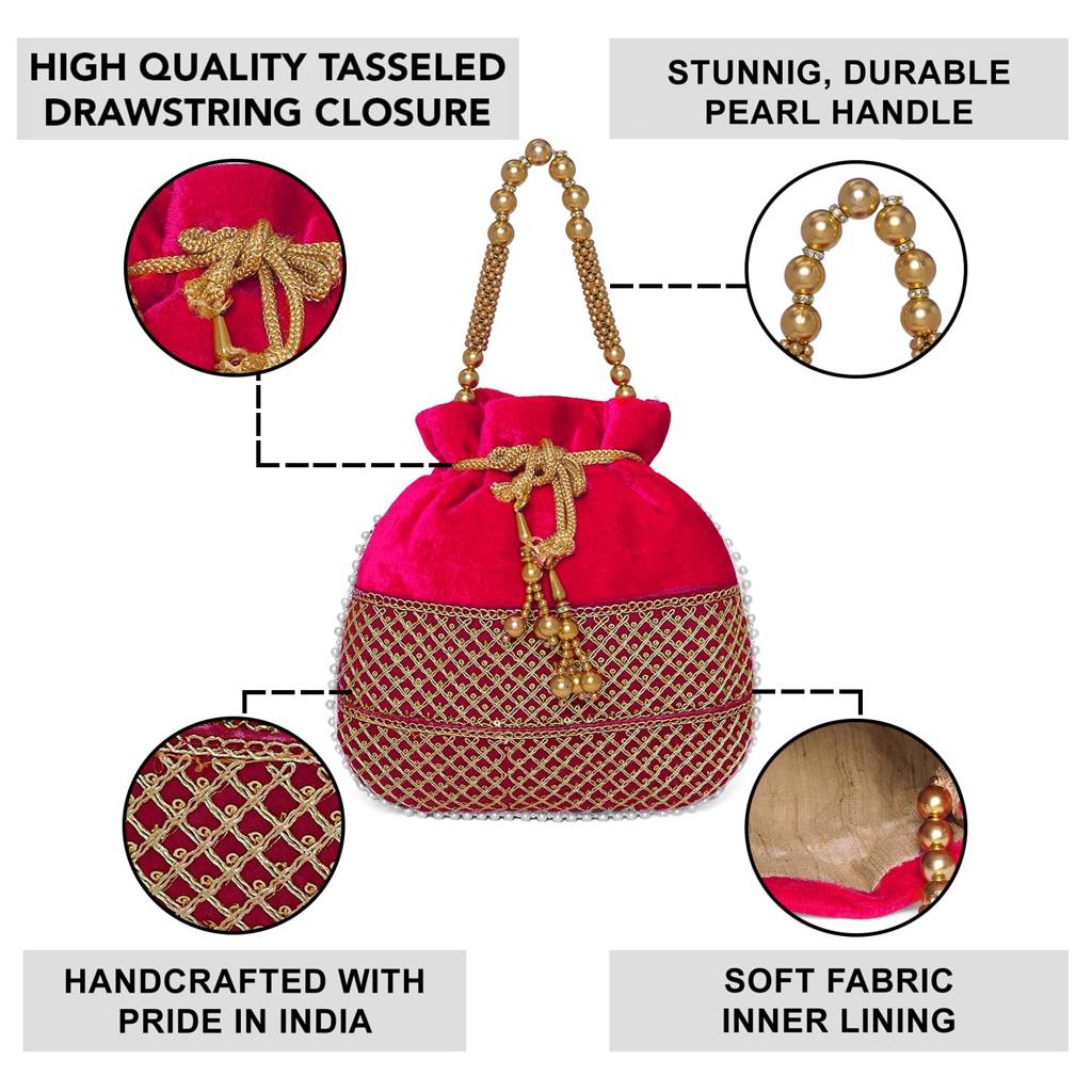 Zari Sequence Potli Bag With Beads Motif Handle For Women Handmade Handbag Stylish Bride Fashion Wristlet Bag For G : P197RP-F
