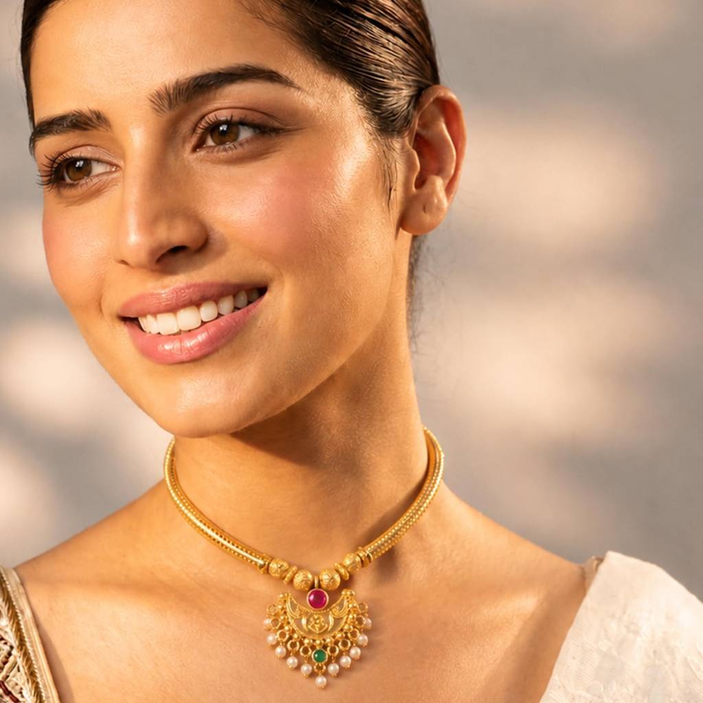 Gold Plated Ethnic Pink Crystal Pendant Chain Earrings Set For Women | Festive & Occasion Jewellery : PF04N58RPG