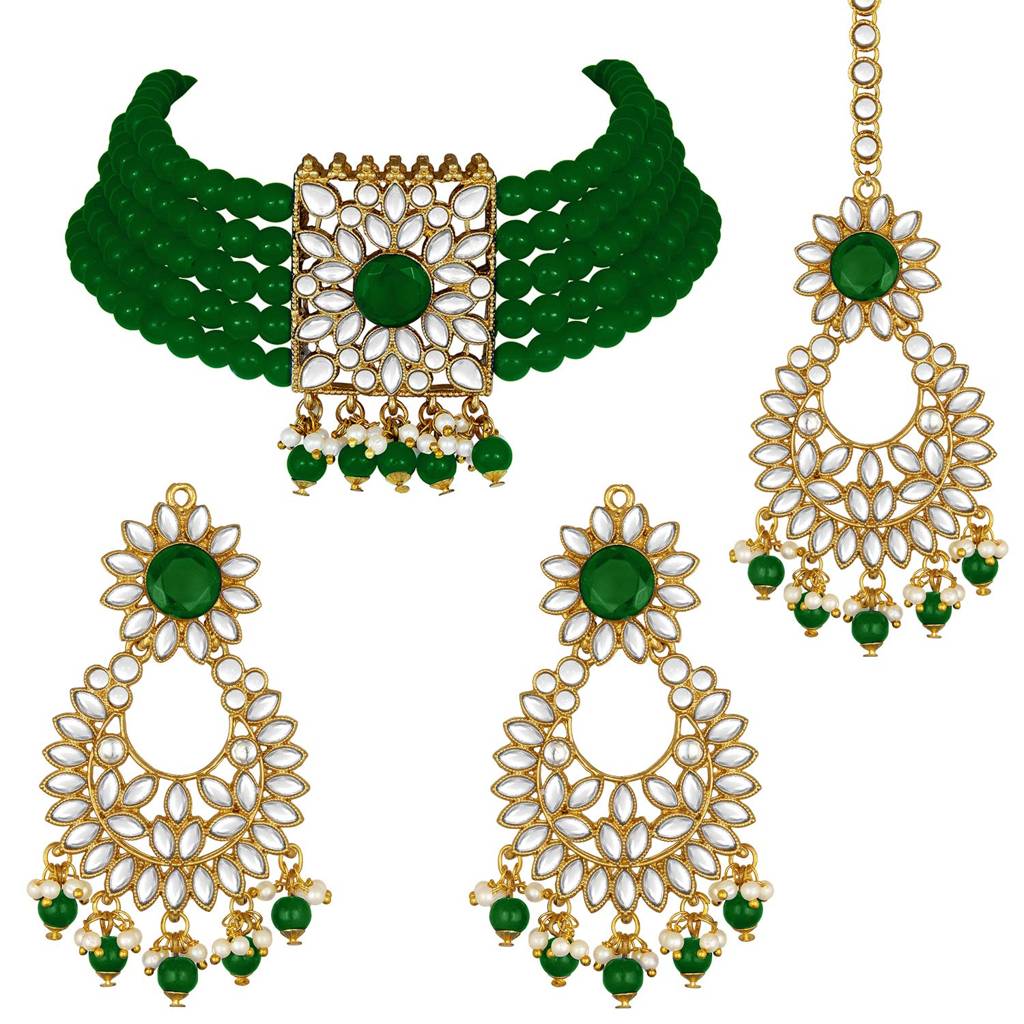 Gold Plated Jodha Akbar Kundan Faux Pearl Choker Necklace With Earring Maang Tikka Traditional Bridal Jewellery S : PF24N2929G