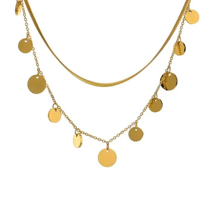 Diya Drop Disc Layered Necklace - Gold | 18K Gold Plated | Waterproof, Hypoallergenic & Anti-Tarnish : DSVDJY05250094