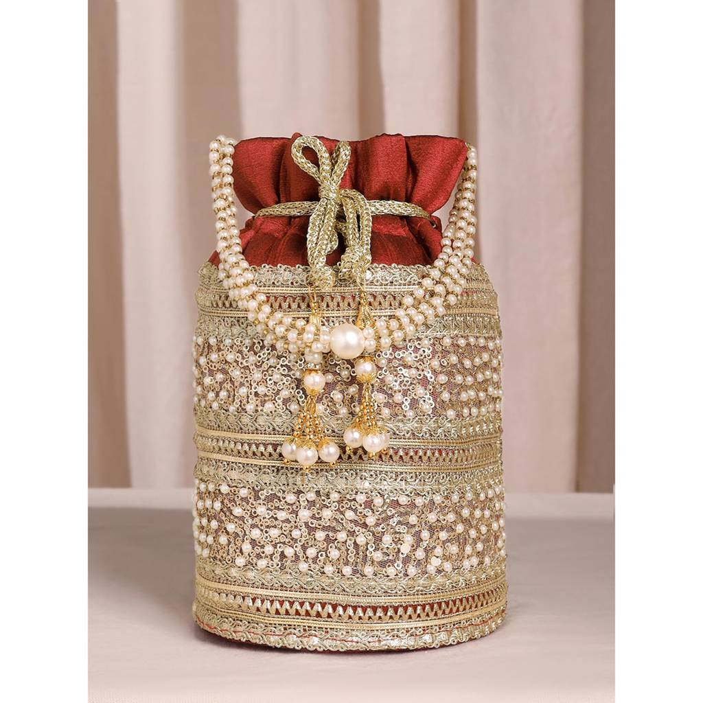 Cylinder Potli Bag With Beads Handle For Women Girls Stylish Bag Ethnic Wristlet Bride Purse With Drawstring : P205M-F