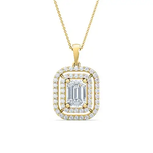 Emerald Cut Diamond Double Halo Solitaire Women'S Pendant | Handcrafted Pavé Setting : PD00004-YE-Silver925-LabD