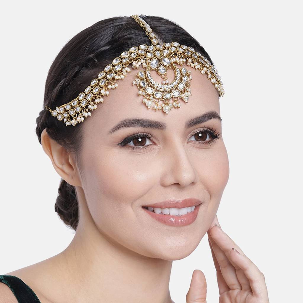 Peora Traditional Gold Plated Red Kundan Pearl Maang Tikka 