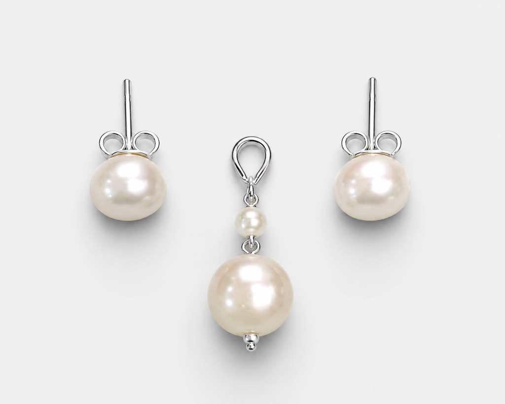 925 Sterling Silver Fresh Water Pearl Drop Jewellery Set With Chain : SMK-W-SET-020
