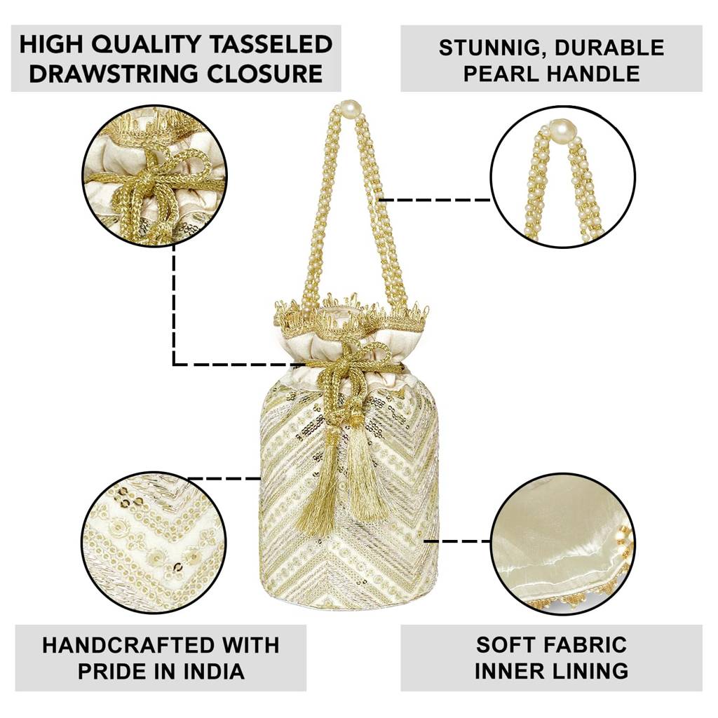 Cream Embellished Potli Bag Ethnic Wristlet Purse For Women & Girls : P190CRM-S