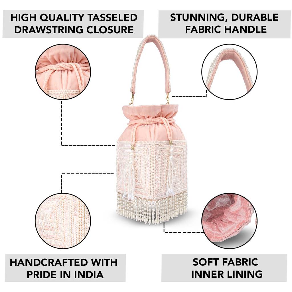 Potli Purse For Women Handmade Evening Handbag Stylish Bridal Fashion Wristlet Bag For Girls (P165Pk) : P165PK