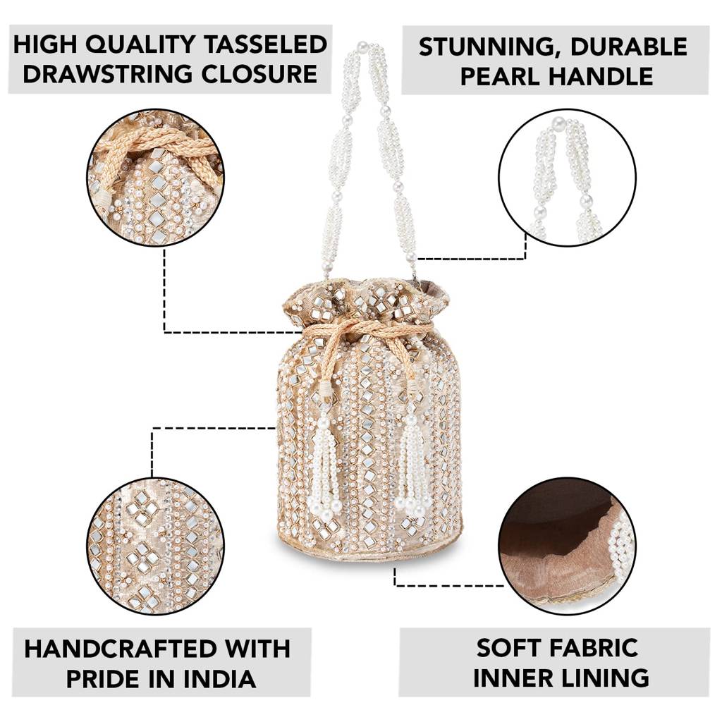 Potli Bags For Women Evening Bag Clutch Ethnic Bride Purse With Drawstring (P25Crm) : P25CRM