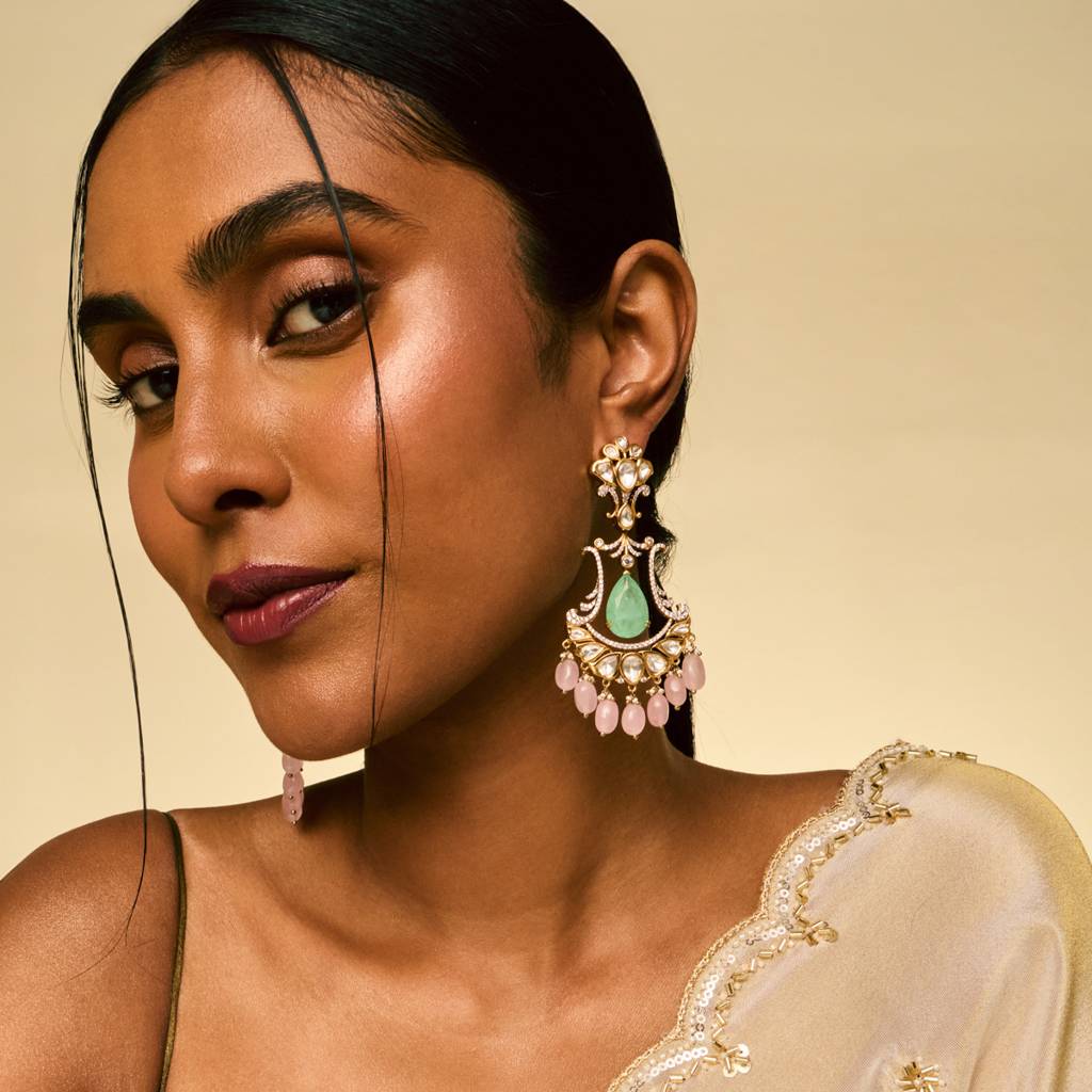 Pink-Mint Victorian - Plated Bridal Kundan Earring - 458634 : 458634
