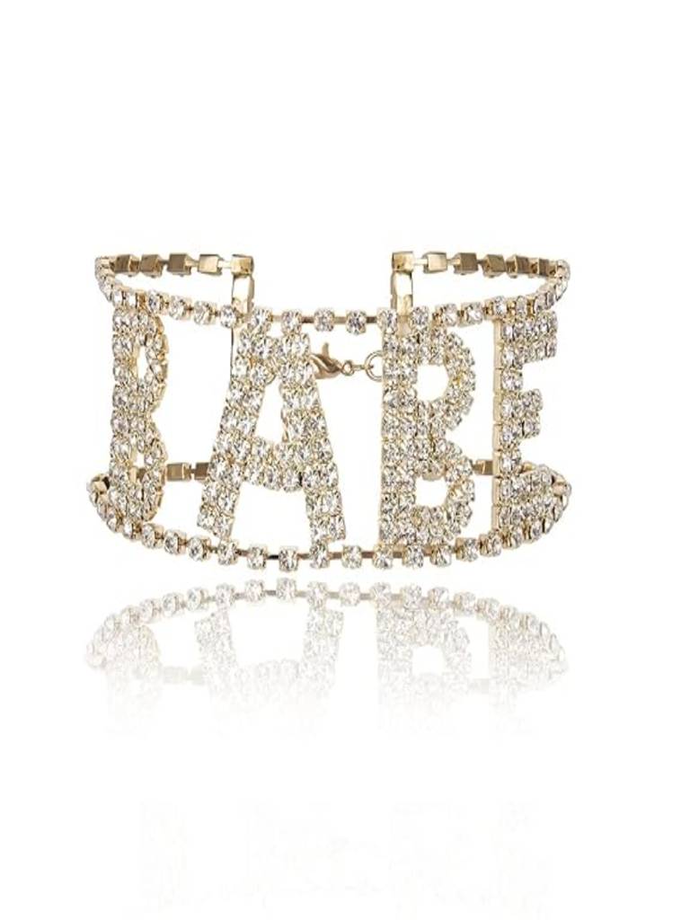 Gold-Toned Rhinestones Studded Babe Party Choker Necklace : ASX0421N345