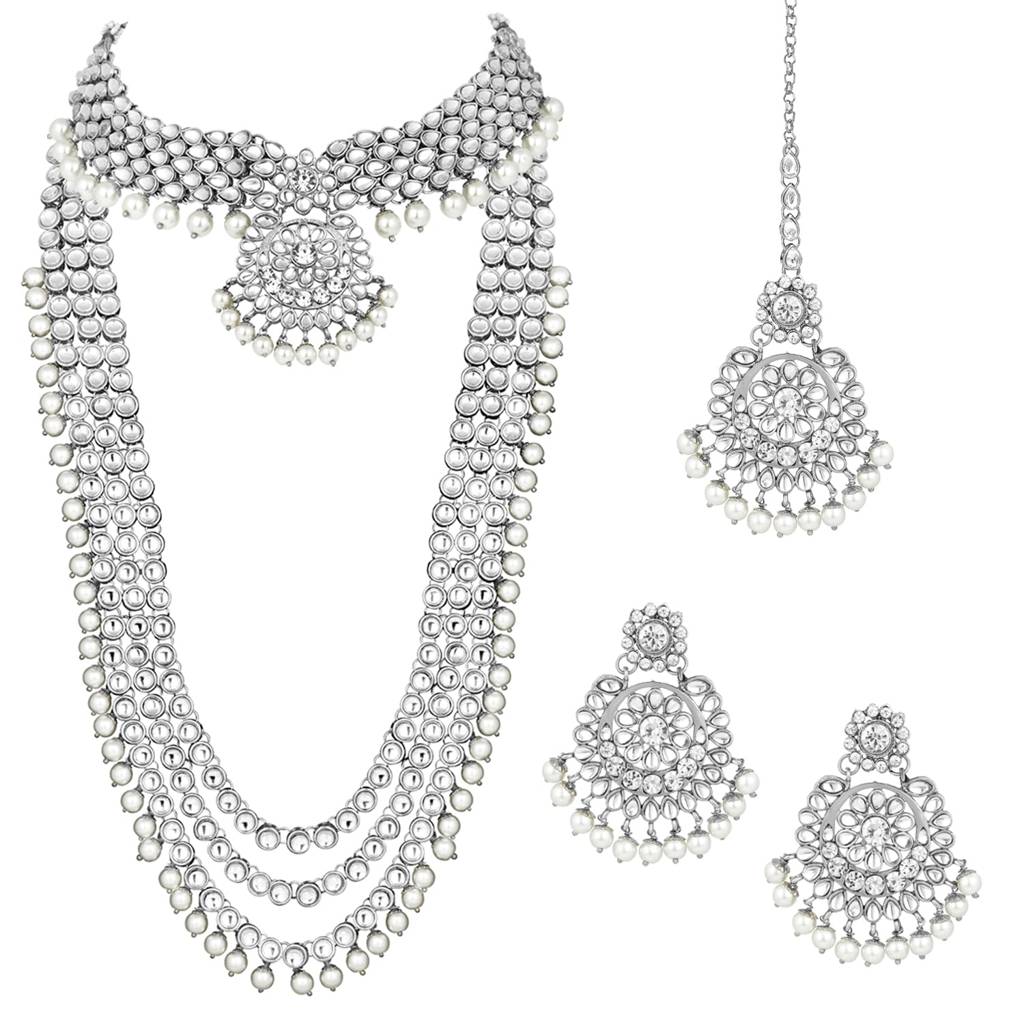18K Gold Plated Kundan Faux Bead Bridal Necklace Jewellery Set For Women Girls : PF25BR106RW