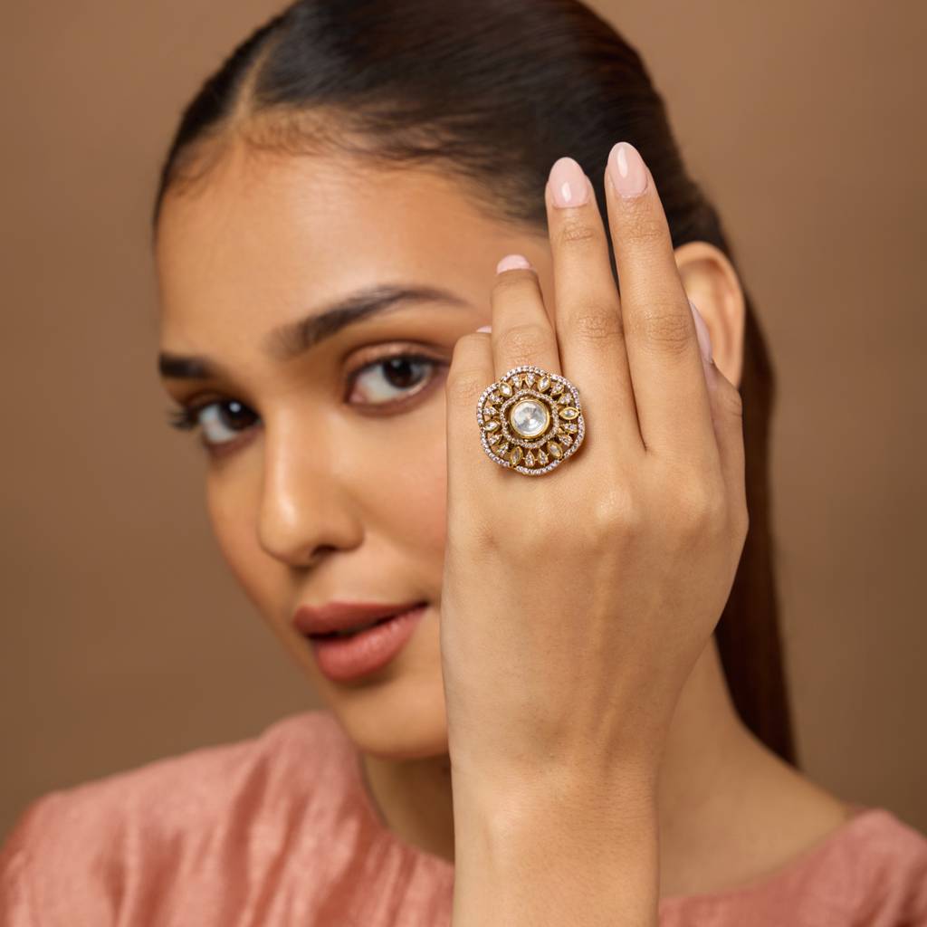 White Victorian - Plated Bridesmaid Kundan Finger Ring - 447215 : 447215