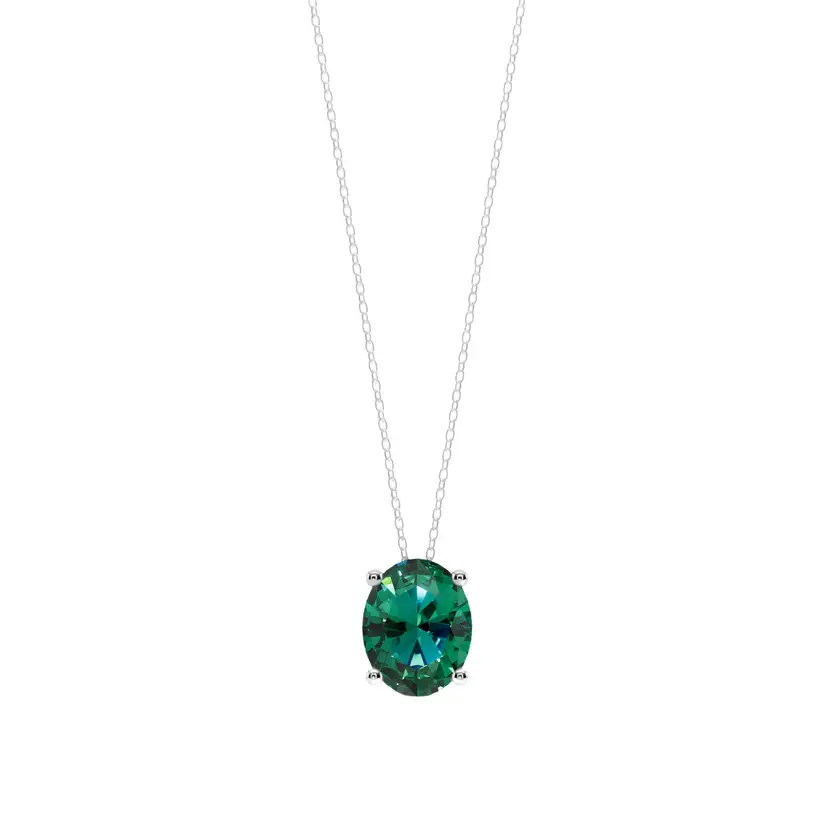 Green Oval Solitaire Pure Silver Pendant Necklace : OVAL-GRN-10-SL-W-C