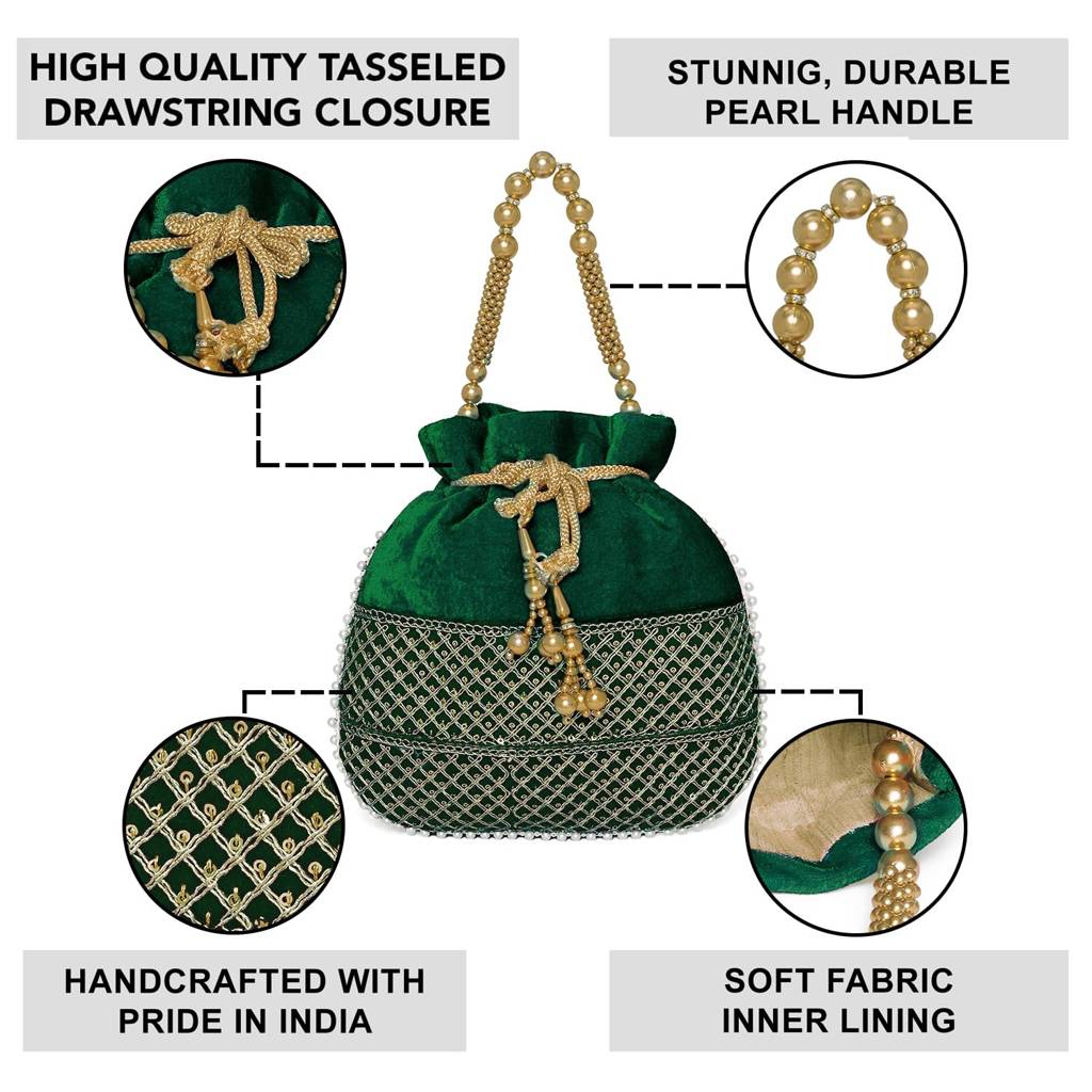 Zari Sequence Potli Bag With Beads Motif Handle For Women Handmade Handbag Stylish Bride Fashion Wristlet Bag For  : P197GRN-F