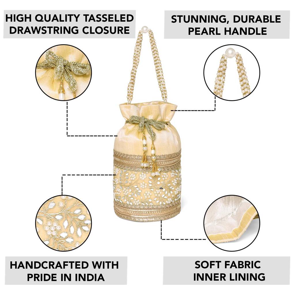 Potli Purse For Women Handmade Handbag Stylish Bridal Fashion Ethnic Wristlet Bag For Girls : P204CRM-F