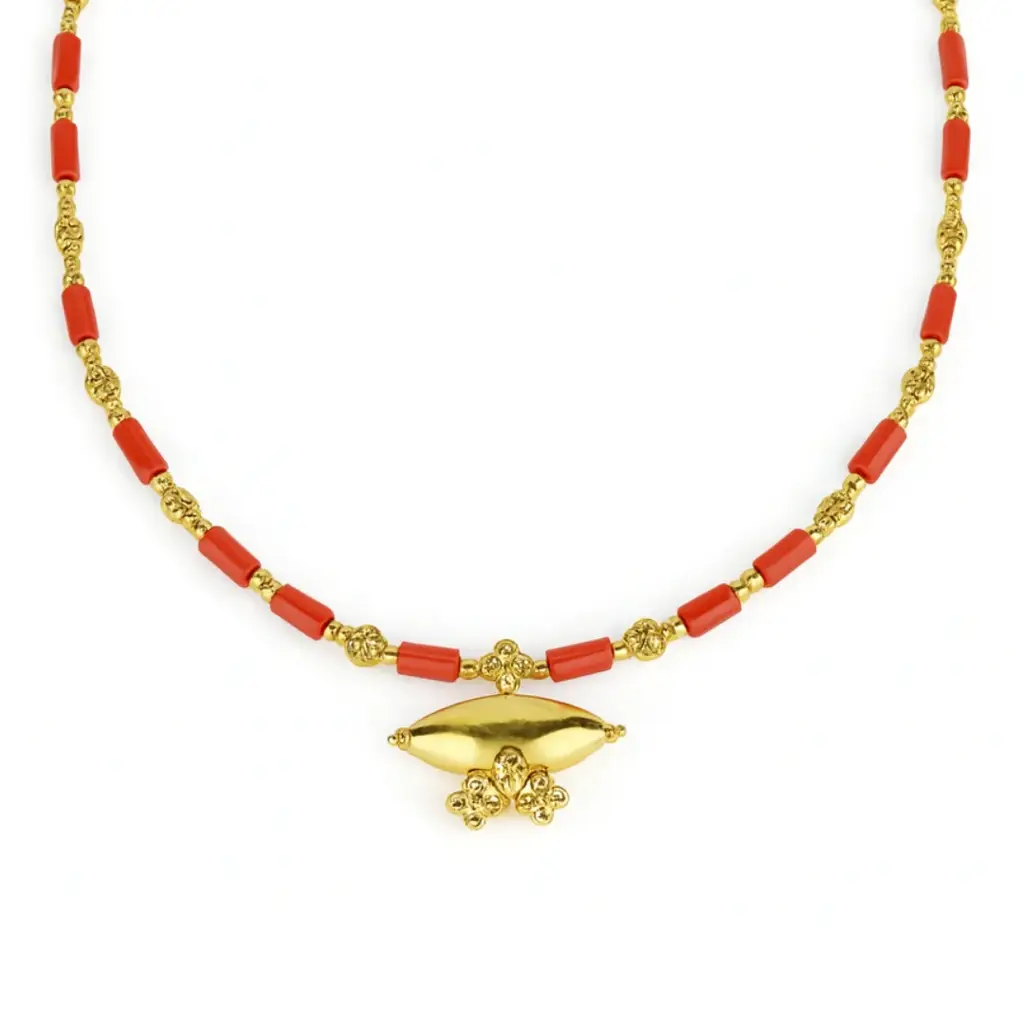Tribal Necklace With Corals And Carved Beads | 92.5 Silver | 22K Gold Plated : 7027607