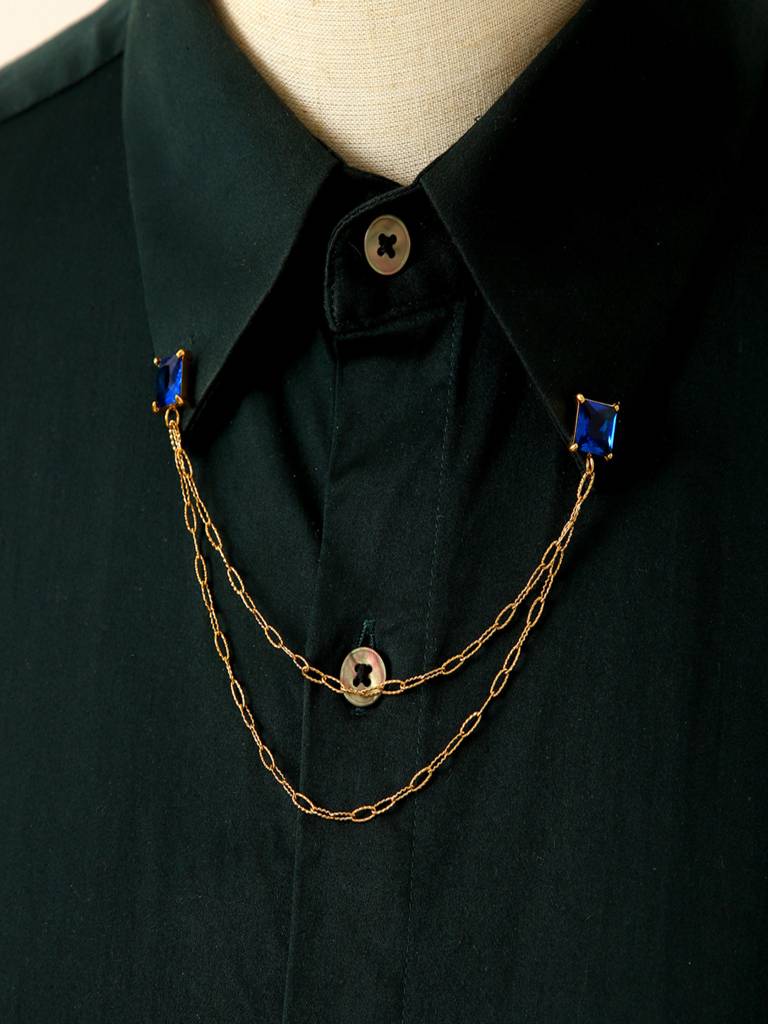 Blue Zircon & Chain Brooch Collar Pin 18K Gold Plated Anti-Tarnish Waterproof : AHC0526BR23BL
