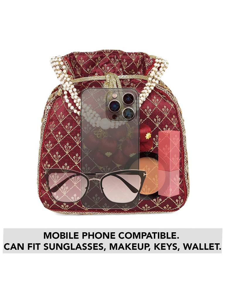 Zari Sequence Potli Bag For Women Stylish Handmade Wristlet Handbag Bridal Purse : P26M