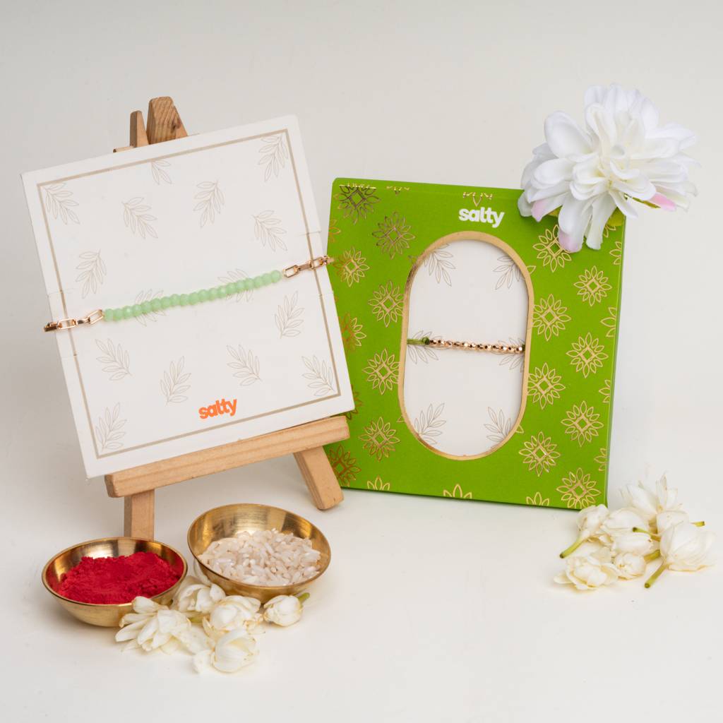 Green Beads Rakhi Bandhan Lumba Rakhi For Bhaiya And Bhabhi : BS14922-1222-G-GR-BB-SL-GR