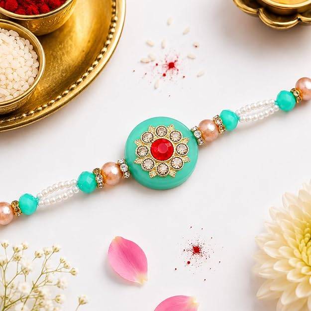 Eternz Certified Jewellery - Estele Gold Plated Trendy Circle Rakhi With Roli Chawal & Greeting Card For Brother