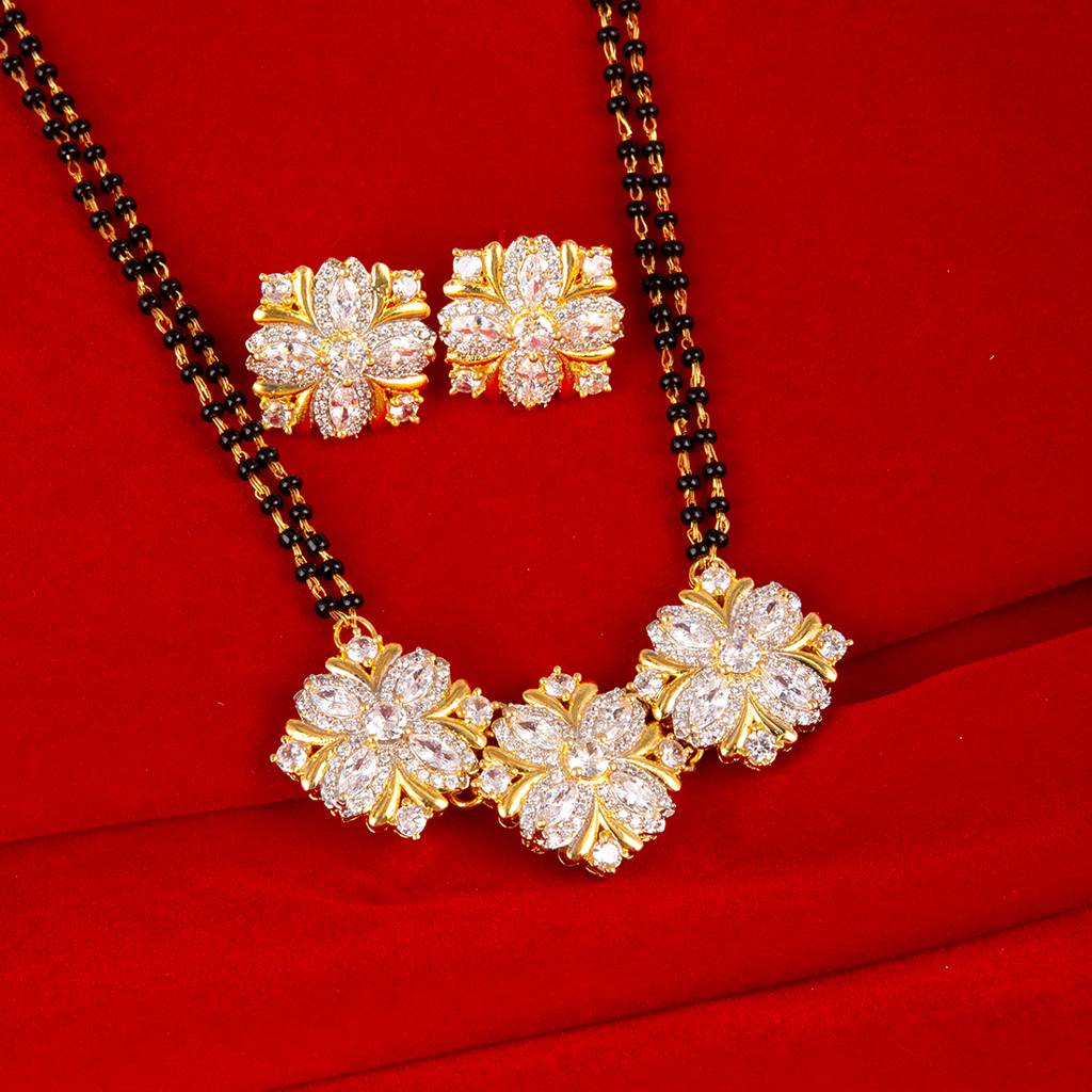 American Diamond Cz Golden Round Brass Black Beaded Mangalsutra With Earrings : 8905124429435
